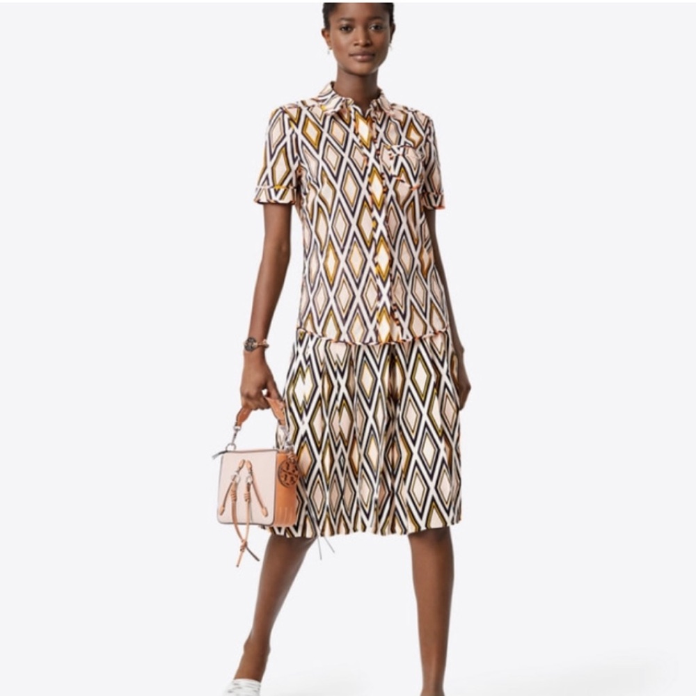 Tory Burch Geometric Pattern Skirt in Black, White, and Tan